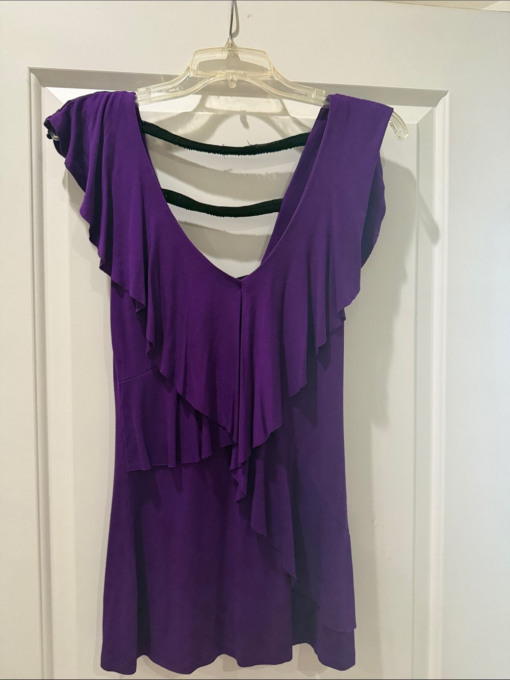 bebe Purple Ruffle Front Dress with Black Beaded Straps